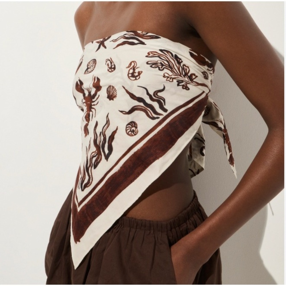 J.Crew Bandana Top in Lobster & Seashell Print Size L/XL Brown Cream Wrap Beachy